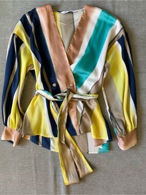 Zara Multicolor Stripe Tie-Waist Blouse